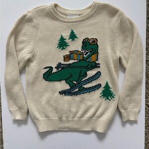 jcpenney Cream Kids Sweater with Green Skiing Dinosaur Graphic